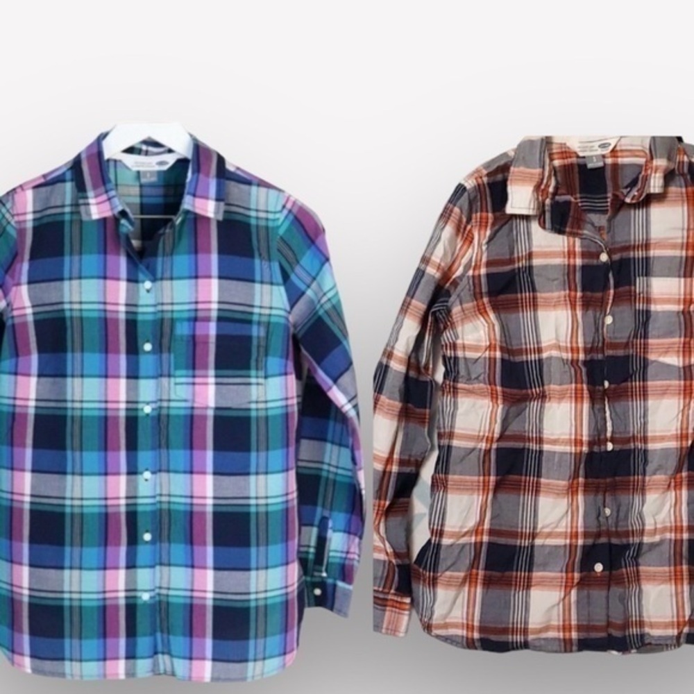 🍕🪻Lot of 2 Old Navy plaid button down shirts madras 100% cotton small CLOSEOUT